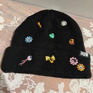 A-Lab Beanie Hat Unisex One Size Black Embroidered Mushroom Disco Patches